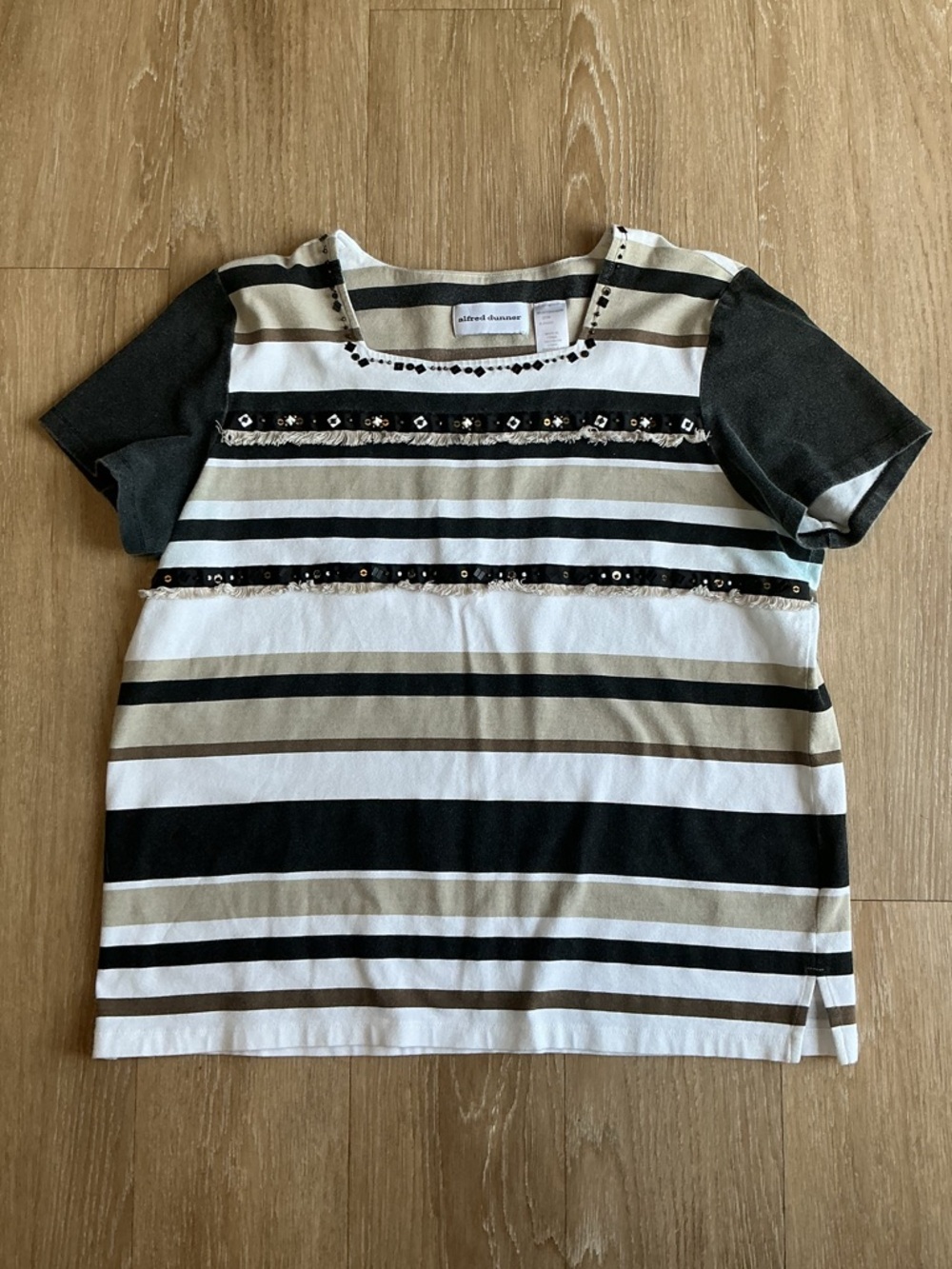 Alfred Dunner Striped Beaded & Fringe Top- Tribal or Boho Vibes